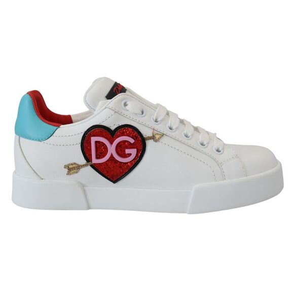Dolce & Gabbana Shoes - Dolce & Gabbana White Leather Sneaker Portofino Logo Heart Women's Shoes